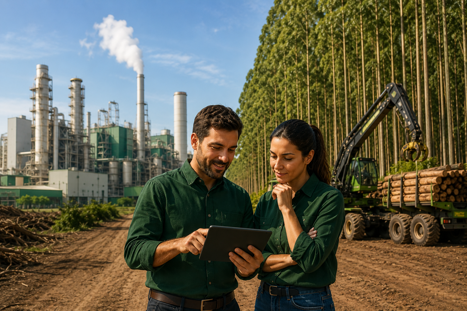 Profissionais do setor florestal analisando dados de um projeto em campo